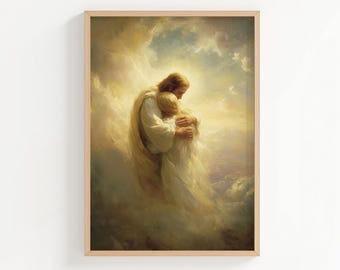 Impresión de pintura al óleo «El abrazo del cielo», Jesús abrazando a una mujer entre las nubes, arte cristiano para pared, póster o lienzo de Jesús.