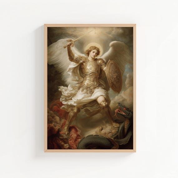 Saint Michael the Archangel Defeating Lucifer Oil Painting Print