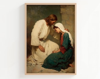 Jesus Forgiving Young Woman Oil Painting Print, Jesus's Forgiveness Oil Paint Style Christian Poster or Canvas Wall Art Print
