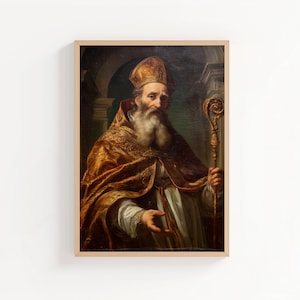 Può includere: Ritratto vintage incorniciato di un uomo con una lunga barba bianca, che indossa una veste e un cappello dorati e marroni. Tiene in mano un bastone dorato. Il dipinto è ambientato su uno sfondo scuro.