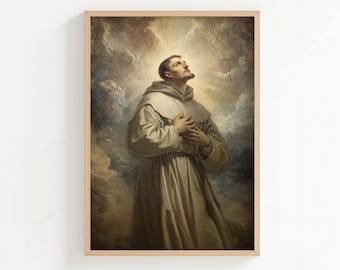May include: A framed religious painting depicts a man in a light brown robe looking upwards with his hands clasped. The background features a dramatic sky with clouds and a bright light source.