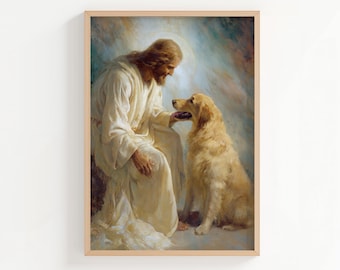 May include: A framed print depicts a serene scene of a figure in white robes with a golden halo, gently touching a golden retriever. The artwork has a soft, painterly style with a warm color palette, evoking a sense of peace and compassion.
