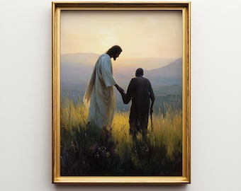 Jesus's Guidance Oil Painting Print, Jesus with Elderly Black Man in Field Oil Paint Style Christian Wall Art, Jesus Poster or Canvas