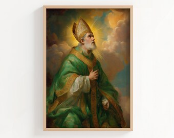 Saint Patrick Oil Painting Print, Irish Patron Saint Oil Paint Style Wall Art, St Patrick Poster or Canvas Print, Irish Christian Art Gift