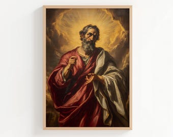 Sankt Bartolomeus aposteln oljemålning, kristen helgonväggkonst i oljemålningsstil, Sankt Bartolomeus affisch eller kanvas kristet tryck