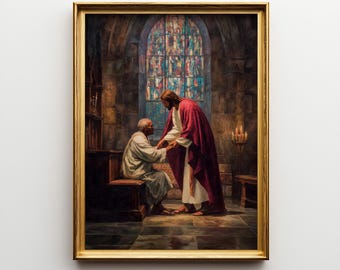 Jesus Comforting Elderly Black Man in Church Oil Painting Print, Jesus in Church Oil Paint Style Christian Wall Art, Jesus Poster or Canvas