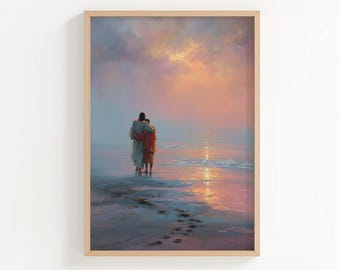 Jesus Guiding Black Man on Beach Oil Painting Print, Oil Paint Style Christian Wall Art, Jesus Poster or Canvas Print