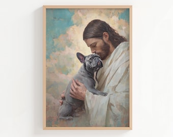 May include: A framed print featuring a portrait of a person with long brown hair and a beard, dressed in white robes, embracing a gray French Bulldog. The background has a cloudy sky with blue and yellow hues.