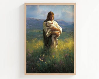 Impresión de pintura al óleo de Jesús el Buen Pastor, Jesús sosteniendo un cordero en el campo, arte mural cristiano estilo pintura al óleo, póster o lienzo de Jesús