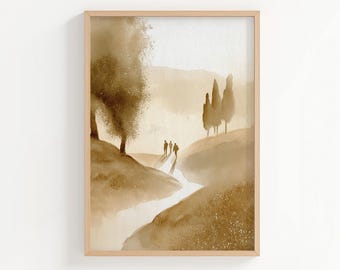 Può includere: Stampa artistica di paesaggio ad acquerello in una palette di colori marrone chiaro. L'opera raffigura una scena serena con alberi, un fiume e figure che camminano lungo un sentiero. La stampa è incorniciata in una cornice di legno chiaro.