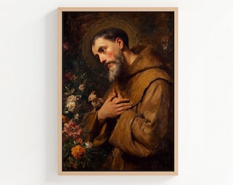 May include: Framed vintage artwork featuring a man in a brown robe with a halo, surrounded by flowers. The painting has a warm color palette with shades of brown, red, and gold. The man is depicted with a beard and is holding his hands over his chest.