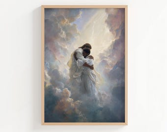 Jesus Embracing Black Man Heavenly Oil Painting Print, Christian African American Oil Paint Style Artwork, Jesus Poster or Canvas Wall Art