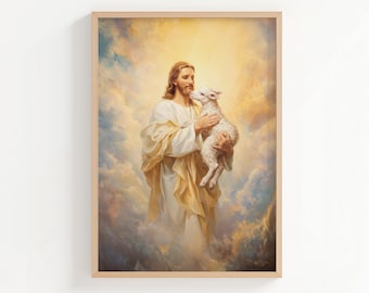 Impresión de pintura al óleo de El Buen Pastor, Jesús sosteniendo un cordero, arte mural cristiano al óleo, póster o lienzo de Jesús