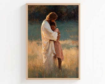 Jesus Embracing Black Girl Abstract Oil Painting Print, African American Christian Oil Paint Style Wall Art, Jesus Poster or Canvas