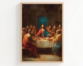 May include: A framed print of a painting depicting a biblical scene. The artwork shows a group of people gathered around a table, with a central figure in red and blue robes. The scene is set in a dimly lit room with a window.