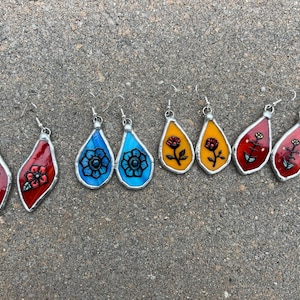 Hand Painted Stained Glass Earrings | Tattoo Folk Art Dangle Jewelry | Colorful Floral Jewelry | Hypoallergenic Gift for Her, Friend, Mom