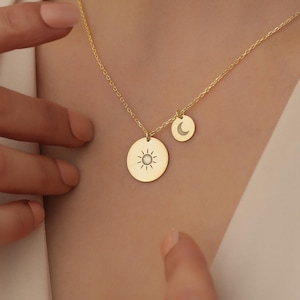 Sun and Moon Necklace Sterling Silver, Engraved Coin Necklace, Dainty Celestial Jewelry, Birthday Gift for Her, Necklaces for Women