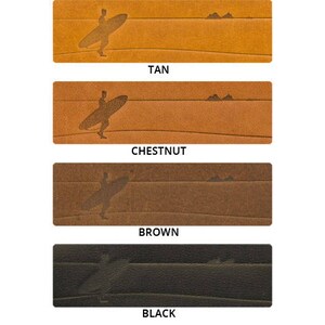 May include: Four leather samples in different colors: tan, chestnut, brown, and black. Each sample features an embossed design of a person surfing.