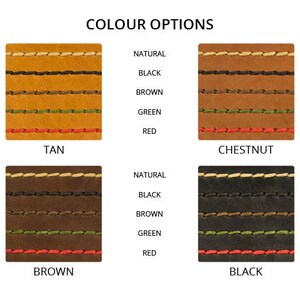 May include: Leather swatches in tan, chestnut, brown, and black with different colored stitching. The stitching colors are natural, black, brown, green, and red.