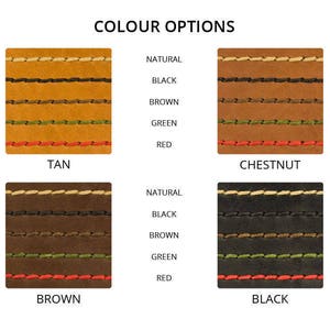 Puede incluir: Muestras de cuero en color tostado, casta&ntilde;o, marr&oacute;n y negro con costuras de diferentes colores. Los colores de las costuras son natural, negro, marr&oacute;n, verde y rojo.