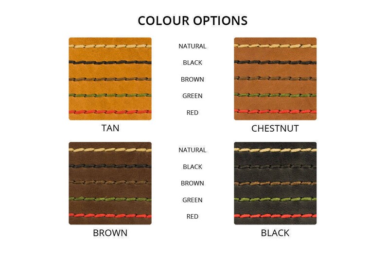 Puede incluir: Muestras de cuero en color tostado, casta&ntilde;o, marr&oacute;n y negro con costuras de diferentes colores. Los colores de las costuras son natural, negro, marr&oacute;n, verde y rojo.