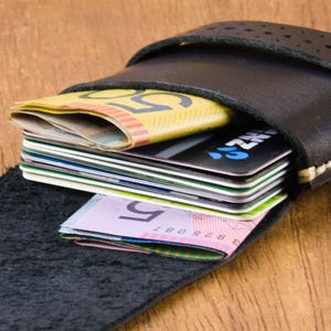 May include: A black leather wallet with a flap closure and a stitched edge. The wallet is open and filled with credit cards and cash.