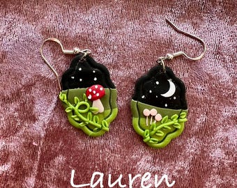 Fairy forest polymer clay earrings mushrooms and stars