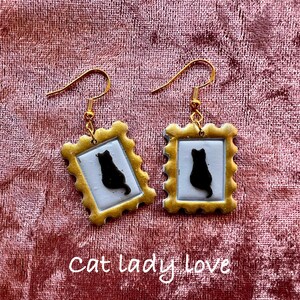 Black Cat polymer clay earrings with gold frames