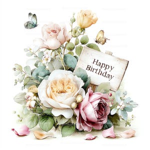Peut inclure: Illustration &agrave; l'aquarelle d'une composition florale avec des roses roses, blanches et jaunes, des feuilles vertes et des papillons. Une petite pancarte en bois indique "Happy Birthday". Des p&eacute;tales sont &eacute;parpill&eacute;s.