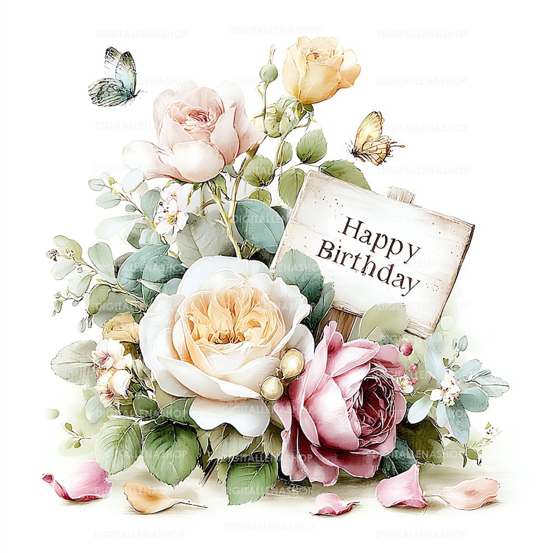 Peut inclure: Illustration &agrave; l'aquarelle d'une composition florale avec des roses roses, blanches et jaunes, des feuilles vertes et des papillons. Une petite pancarte en bois indique "Happy Birthday". Des p&eacute;tales sont &eacute;parpill&eacute;s.