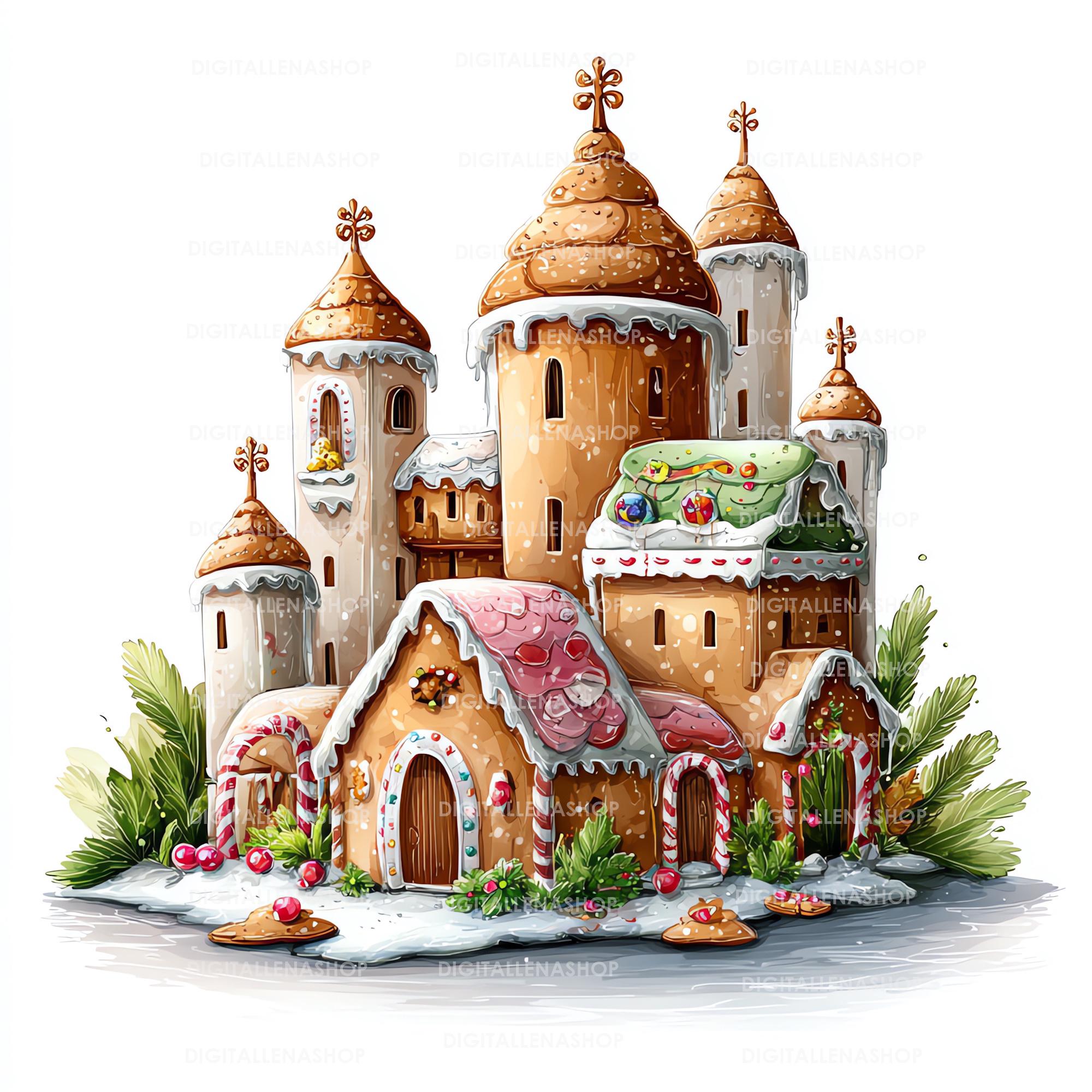 Gingerbread Castle Watercolor Clipart, Christmas Bakery Art (12 JPG ...