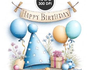 May include: Watercolor illustration featuring a birthday theme. Includes a banner with "Happy Birthday" text, blue and gold balloons, a party hat, a gift box, and decorative elements. The image has a soft, whimsical style.