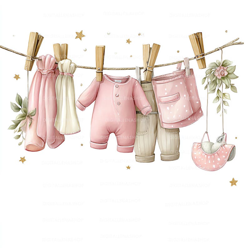 May include: Watercolor illustration of baby clothes hanging on a clothesline. The clothes include a pink onesie, bib, and pants, along with other garments in shades of pink and cream. Wooden clothespins and gold stars complete the design.