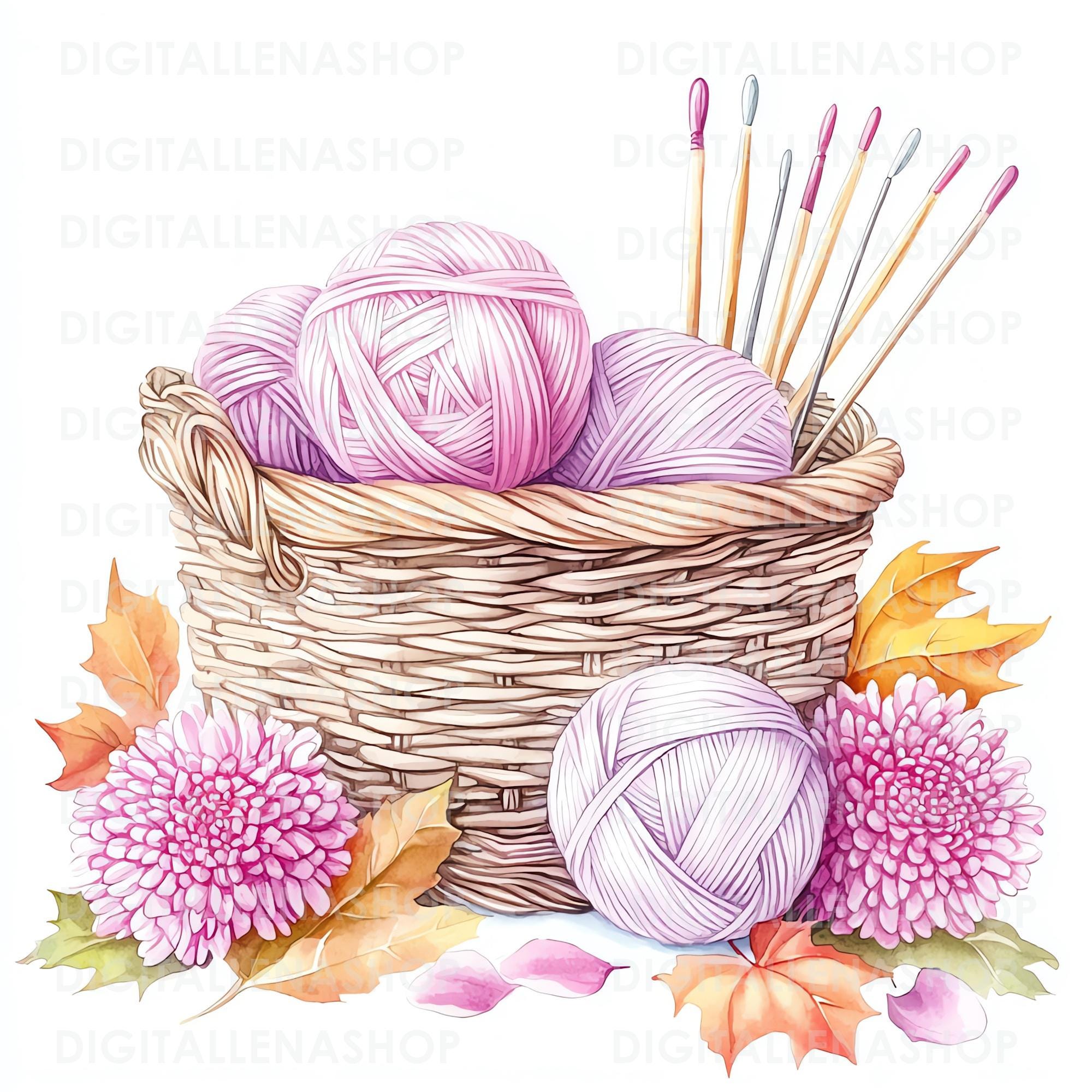 Knitting Basket Watercolor Clipart: Yarn & Wool Illustrations (digital ...