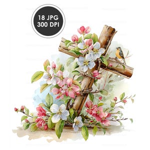 May include: A watercolour illustration of a wooden cross decorated with pink and white flowers and green leaves. A small bird perches on the cross. The image includes a circular graphic with the text "18 JPG 300 DPI".
