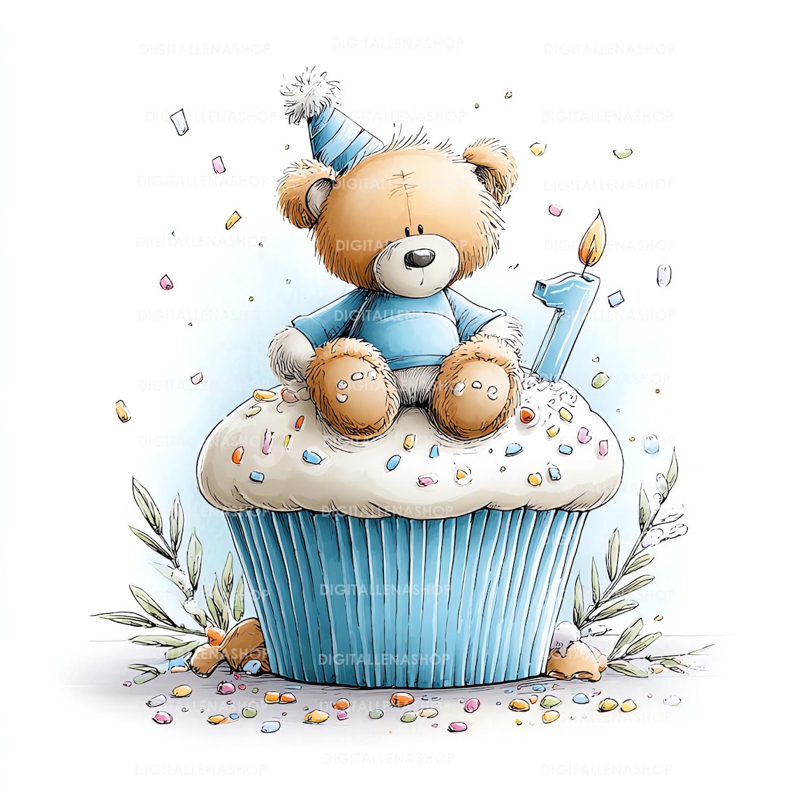 Set Blue Teddy Bear Watercolor Clipart for Boy’s First Birthday, Baby ...