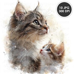 Clipart chats et chatons, clipart aquarelle imprimable, 10 fichiers JPG de haute qualité, journal indésirable, créations en papier, téléchargement numérique, autocollant