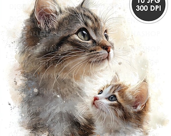 水彩画の猫と子猫のクリップアート：ジャンクジャーナル、子供部屋の