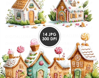 Julpepparkakshus i akvarell Clipart: Festliga kakillustrationer (JPG)