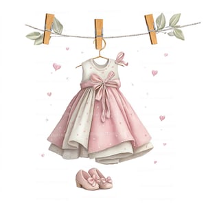 Baby Girl Clothesline Watercolor Clipart | Pink Newborn Clothes Hanging | Baby Shower Decor | 15 JPG Files image 6