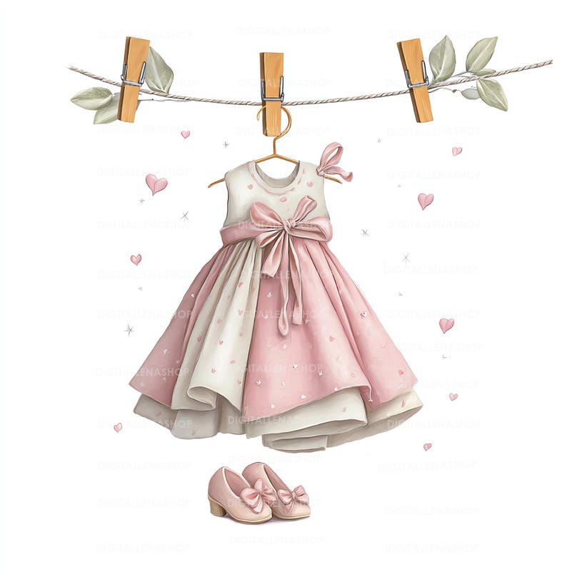 Baby Girl Clothesline Watercolor Clipart | Pink Newborn Clothes Hanging | Baby Shower Decor | 15 JPG Files image 6