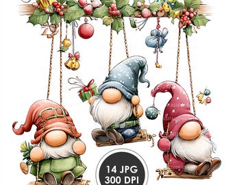Christmas Gnome Pendant Watercolor Clipart (14 JPG Files), Whimsical Holiday Illustrations