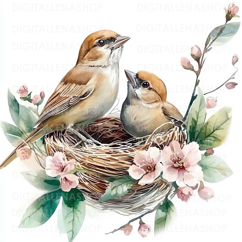 水彩画「春の鳥の巣」クリップアート：花柄JPGイラスト（デジタル
