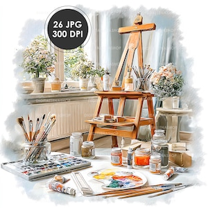 Puede incluir: Una escena de estudio de artista con un caballete de madera, pinceles, tubos de pintura y botes de pintura. También se ve una paleta con colores mezclados. La imagen incluye el texto "26 JPG 300 DPI".