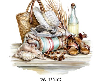 Watercolor Beach Clipart PNG Bundle, Summer Travel Clipart, Beach Accessories, Straw Hat, Sunglasses, Seashells, Coastal Vacation, 26 PNG