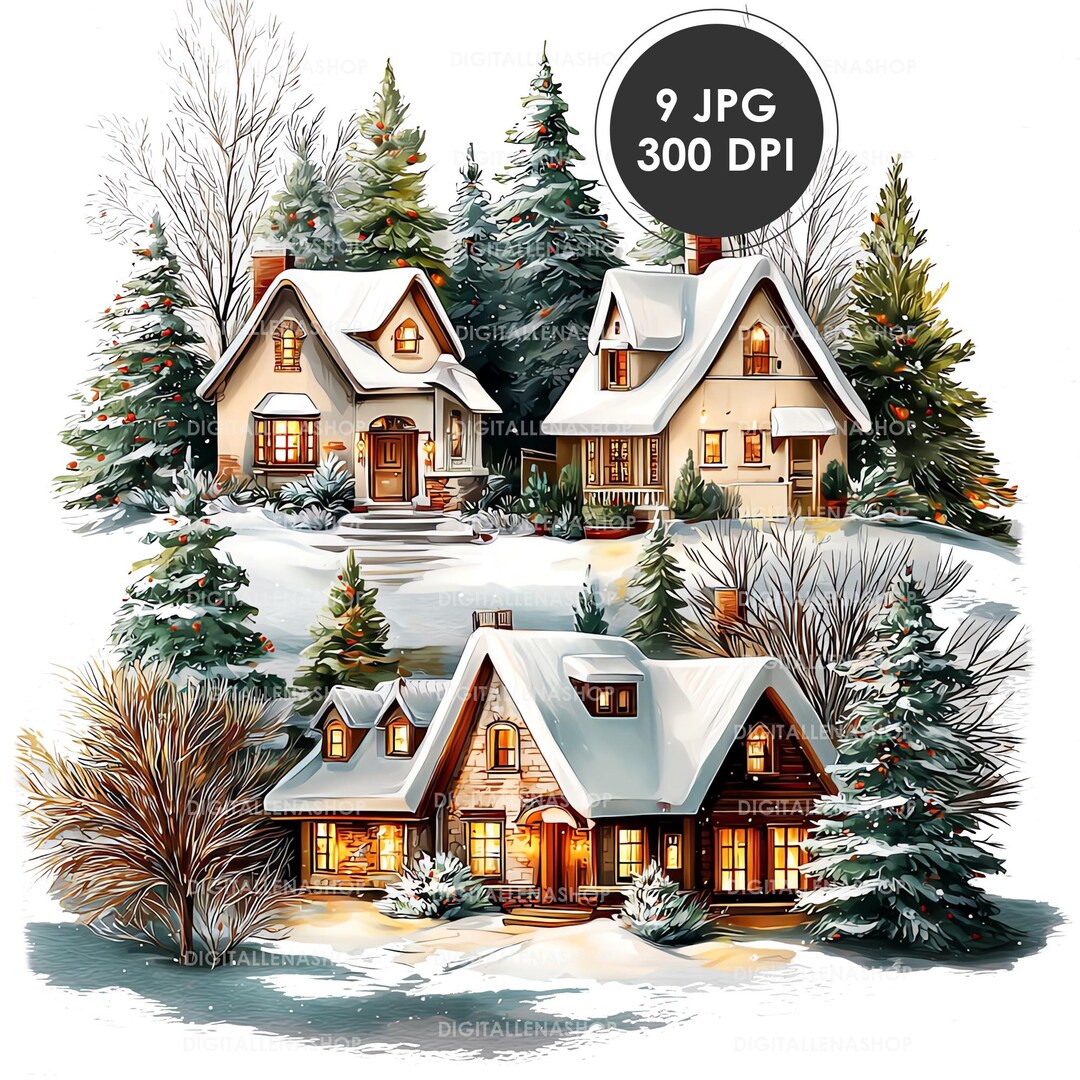 Christmas Village Watercolor Clipart: Cozy Winter Houses (digital ...