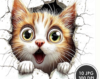 Watercolor Cat Peeking Clipart: Funny Wall Hole Art (Digital Download)