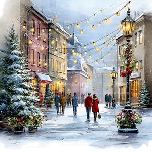 Könnte beinhalten: Aquarellmalerei einer verschneiten europäischen Straßenszene zu Weihnachten. Gebäude säumen die Straße, geschmückt mit Lichterketten. Menschen spazieren über den schneebedeckten Bürgersteig. Ein Weihnachtsbaum und festliche Dekorationen.