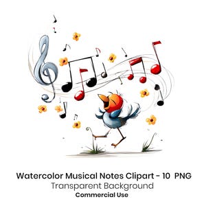 May include: A digital illustration of a small blue bird with a red head singing with its beak open. The bird is surrounded by black and red musical notes, a large silver treble clef, and small yellow flowers on thin, curved lines.