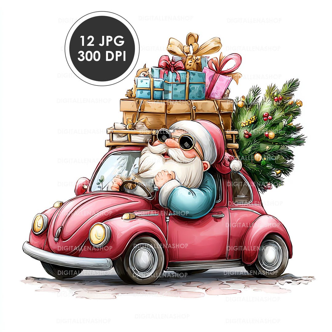 Quirky Santa in a Retro Car Watercolor Clipart: for Christmas